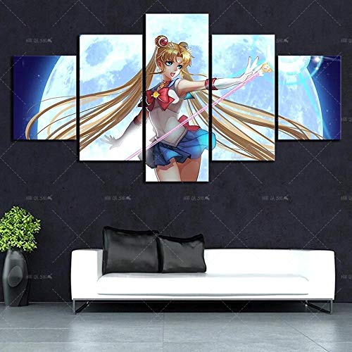 Modern Home Decor Anime Posters 5 Piece Sailor Moon Pretty  Guardian Usagi  Wall Art Canvas Painting Picture Frame(Enmarcado)