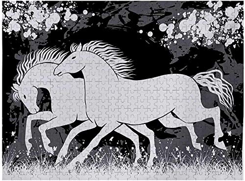 Modern Puzzle Games 1000 Piezas, Antiguo Roman Time Gladiator Two Race Horses with Paint Marks Image Print, Negro Blanco Gris