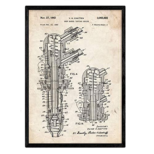 Nacnic Poster con patente de Barril de cerveza 2. Lámina con diseño de patente antigua en tamaño A3 y con fondo vintage