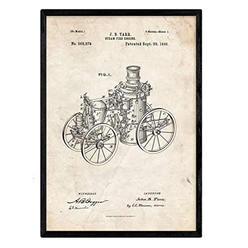 Nacnic Poster con patente de Maquina a vapor. Lámina con diseño de patente antigua en tamaño A3 y con fondo vintage