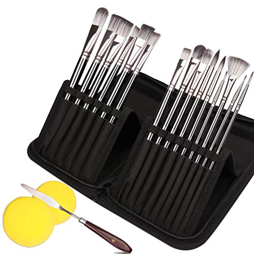 NANAPLUMS® Set de Pinceles Profesionales, Pincel de Artista(18 Piezas). Para Pintura acrlica, Acuarela, Temperas, Pintura Facial y más. Incluye cuchillo de paleta y dos esponjas.