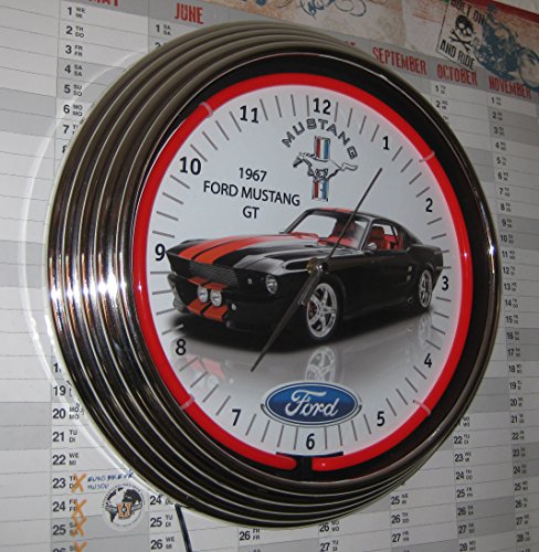 Neon reloj 1967 Negro Ford Mustang GT – Reloj pared iluminado con anillo Neon Rojo