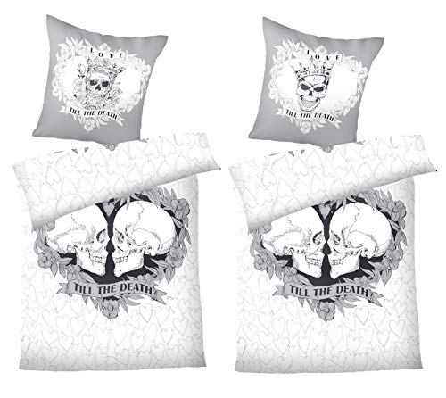 Niceprice Juego de ropa de cama de microfibra de 4 piezas, diseño de calavera con texto "Love Till The Deat", en 2 tamaños, 135 x 200 cm + 80 x 80 cm