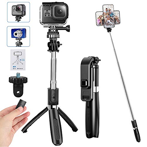 Palo Selfie de Control Remoto Bluetooth, 19CM-100CM Extensible Selfie Stick con Tornillo 1/4'' para Cámara/Gopro, Trípode Acero Inoxidable de Rotación 360 para iPhone/Huawei/Samsung/XiaoMi/LG/Sony
