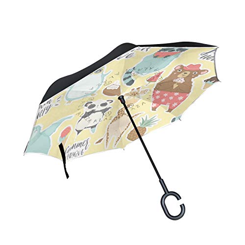 Paraguas invertido de Doble Capa, a Prueba de Viento, al Aire Libre, para Lluvia, Sol, para automóvil, con Mango en Forma de C, con Mango en Forma de C, Dibujos de Animales, Helado de Verano