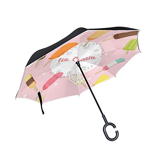 Paraguas invertido de Doble Capa, a Prueba de Viento, para Exteriores, para Lluvia, Sol, para Coche, con Mango en Forma de C, para reversa, Helado