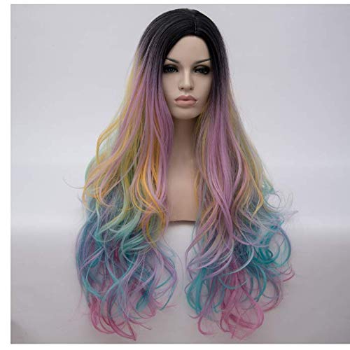 Peluca Cosplay Girls Party Peluca Cap Larga Rizada Multicolor Sintético Rainbow Full Peluca Peluca Cosplay Girls Party Peluca Cap Larga Rizada Multicolor Sintético Rainbow Full Peluca