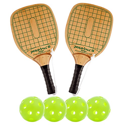 Pickle-Ball, Inc. Swinger Pickleball - Juego de raqueta de madera duradera de calidad (2 palas/4 bolas) Pickle-Ball, Inc. Swinger Pickleball - Juego de raqueta de madera duradera de calidad (2 palas/4 bolas)