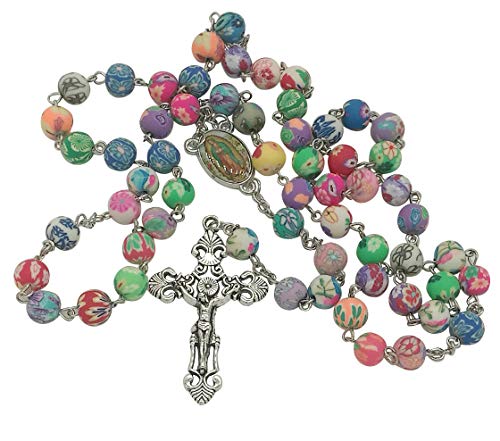 Pioneer Clan Polímeros arcilla cilíndrica perla católica rosa collar representación color perla Cruz collar religioso (modelo 1)