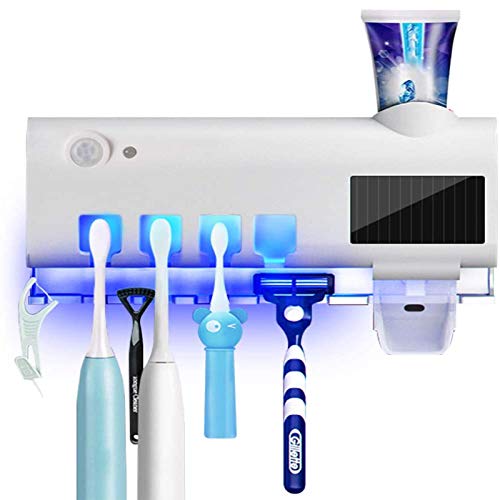 Portacepillo de Dientes Eléctrico Esterilizador UV Soporte con Energía Solar Recargable Función, Dispensador de Pasta de Dientes Soporte de Pared Accesorios de Baño, 4 Ports