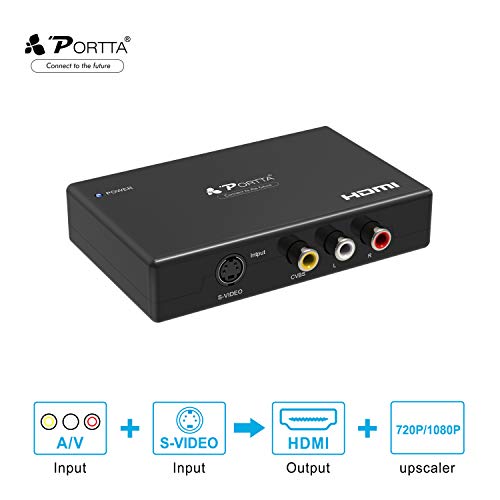 Portta AV CVBS S-Video a HDMI Convertidor Adaptador de RCA a HDMI Escalador AV o CVBS Compuesto S-Video + R/L de Audio a HDMI Conversor 720P 1080P 3D para PS3 PS4 BLU-Ray DVD Xbox Notebook