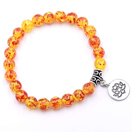 Pulsera De Piedra Brazaletes,Pulsera Abalorios de Piedra Natural Artesanal Flor Amarilla 8MM Cabeza Buda de Piedra energía Bricolaje Lotus Colgante Redondo elástico Pulseras de línea para Mujeres H