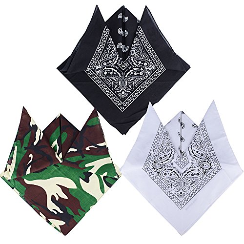 QUMAO Pack de 3 Pañuelos Bandanas de Modelo de Paisley para Cuello/Cabeza Multicolor Múltiple 100% Algodón para Mujer y Hombre (Pack de 3; Negro&blanco&camuflaje)