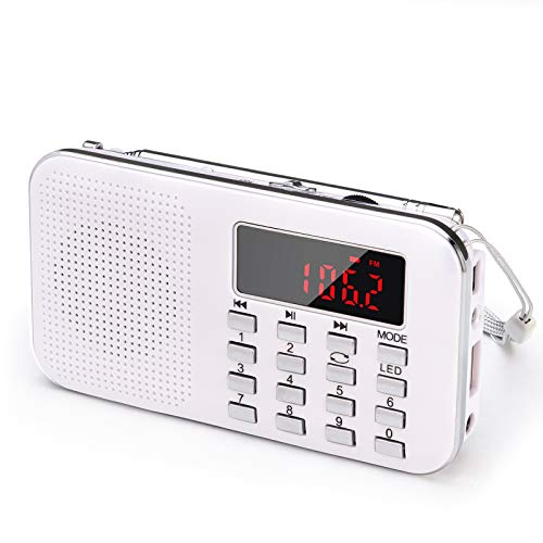 Radio de Transistor portátil pequeña, L-218 Radio Am/FM Digital de Bolsillo con Tarjeta Micro TF Reproductor de MP3 de Entrada Auxiliar de Disco USB, por PRUNUS(Blanco)