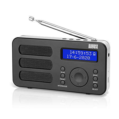 Radio Portátil Digital Dab/Dab+/FM – August MB225 – Radio Pequeña con Batería Recargable - Dual Alarma Despertador Snooze RDS 40 Presintonias Pantalla LCD Radio