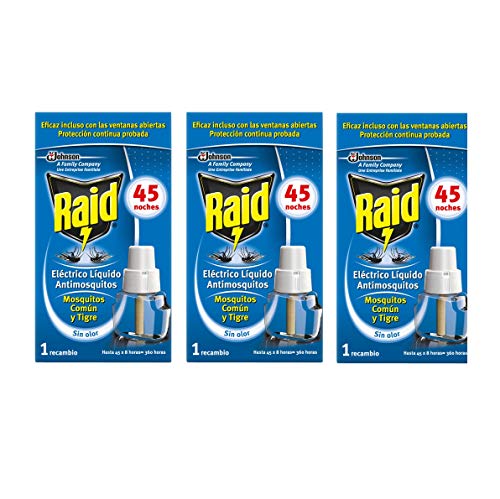 Raid - Recambio para difusor eléctrico anti mosquitos comunes y tigre, 3 x 45 noches (Pack 3 recambios, 135 noches) )