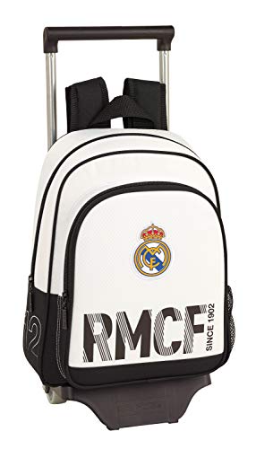 Real Madrid CF Mochila Pequeña Ruedas, Carro, Trolley, Niños, Blanco, 34 cm