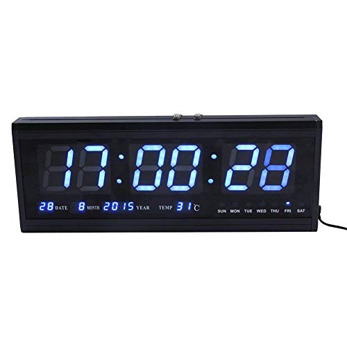 Reloj digital ZJchao, grande, con luz LED, para pared o escritorio, indica la temperatura y tiene calendario, metal, azul, 48 cm l x 5 cm w x 18.5 cm h