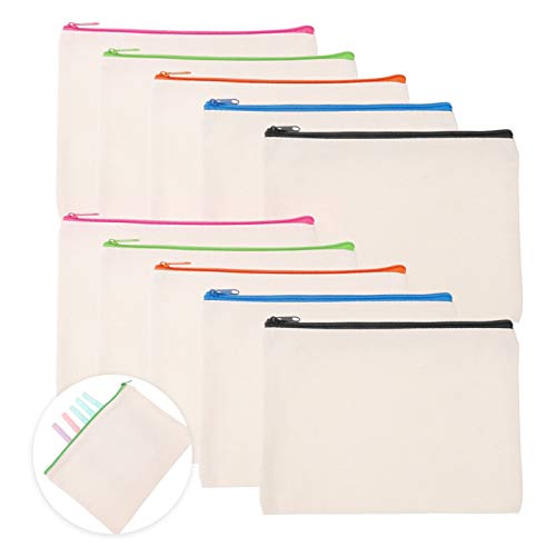 RosewineC 10 estuches de tela blanca para manualidades, bolsa de cosméticos para viajes de lona, estuche de lápices con gran capacidad, estuche con cremallera, 21 x 12 cm, 5 colores