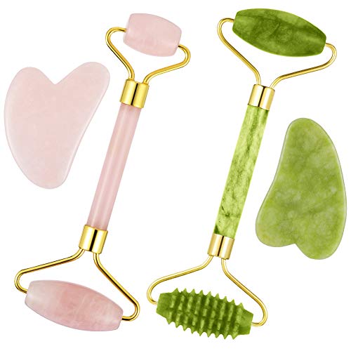 Rubywoo&chili 2 unidades Jade Roller Massager, Jade Roller with Gua Sha Jade Massagage Stone, for Facial Massage, Anti Aging, Spa, Muscle Relaxation Massager