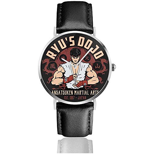 Ryus Dojo Ansatsuken Artes Marciales Street Fighter Relojes Reloj de Cuero de Cuarzo con Correa de Cuero Negro para Regalo de colección