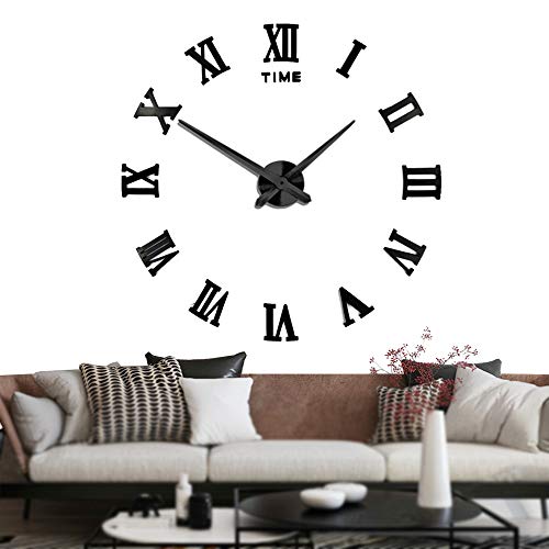 Silenciar DIY Frameless Gran Reloj De Pared Números Romanos 3D Relojes De Pared Espejo Pegatina Para Ministerio Del Interior Decoraciones (Negro)