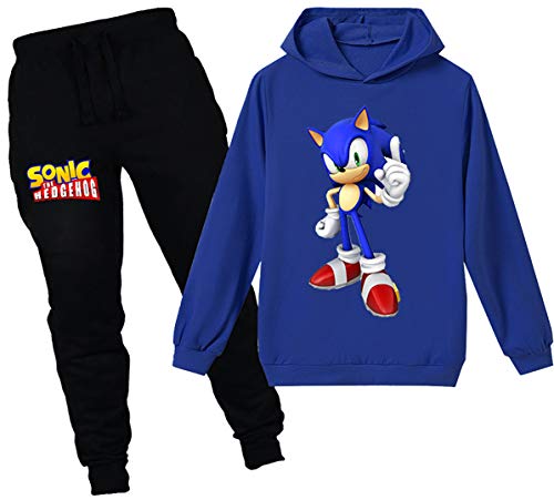 Silver Basic Niños Sonic The Hedgehog Chándal Sudadera con Capucha y Pantalones 2 Piezas Conjuntos Sonic Cosplay Disfraz Sonic Sudadera Jumper y Pantalones 110,Azul Traje de Sonic-4