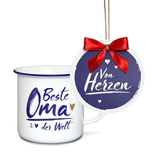 stadt-teile.de - Taza grande con texto en alemán "Beste Oma der Welt", de porcelana, hecha a mano en el norte, incluye etiqueta de regalo con lazo de raso - 400 ml.