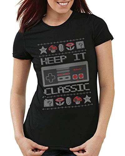 style3 Keep it Classic Suéter de Navidad Camiseta para Mujer T-Shirt NES T-Shirt Ugly Sweater x-mas SNES, Talla:S