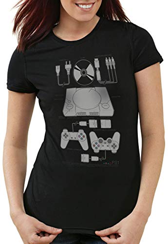 style3 PS1 Retro Gamer Camiseta para Mujer T-Shirt Mando videoconsola, Color:Negro, Talla:XL