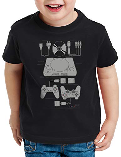 style3 PS1 Retro Gamer Camiseta para Niños T-Shirt Mando videoconsola, Color:Negro, Talla:152