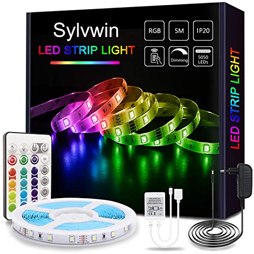 Sylvwin Tiras LED, Tiras de Luces LED RGB de 5m con Control Remoto,Tiras de Luz LED con 16 Cambios de Color y 4 Modos para el Hogar, Dormitorio, TV, Decoración de Gabinetes, Fiesta, 12V