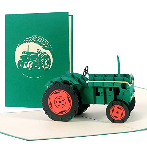 Tarjeta cumpleaños con tractor desplegable. Cheque regalo pop up para un viaje o vacaciones rurales en el campo, tarjetas felicitacion y regalos originales 3d, T18