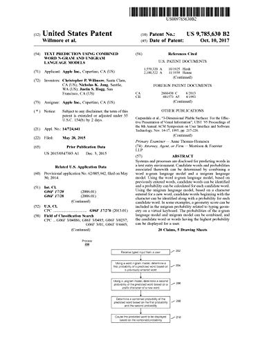 Text prediction using combined word N-gram and unigram language models: United States Patent 9785630 (English Edition)