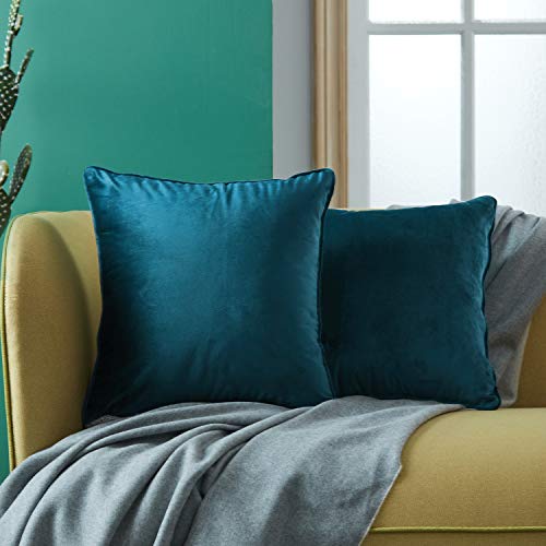Topfinel Juego 2 Hogar cojín Terciopelo Decorativa Almohadas Fundas Color sólido para Sala de Estar sofás 40x40cm Azulo