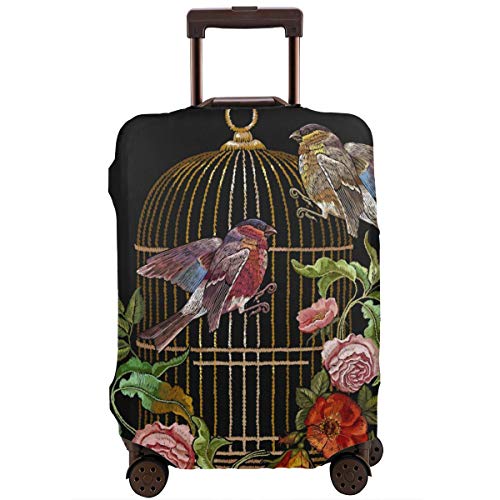 Travel Suitcase Protector,Embroidery Birds and Birds Cage and Flowers Vector Classical Embroidery Bullfinch and Titmouse Golden Cage Vintage Buds of Wild Roses,Suitcase Cover Washable Luggage Cover S