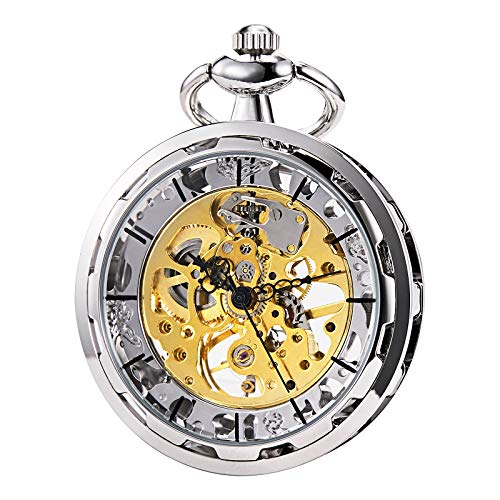 Tree weto Taschenuhr con cadena hombre plata retro abierto cara Reloj mecánico esqueleto Movimiento Pocket Watch