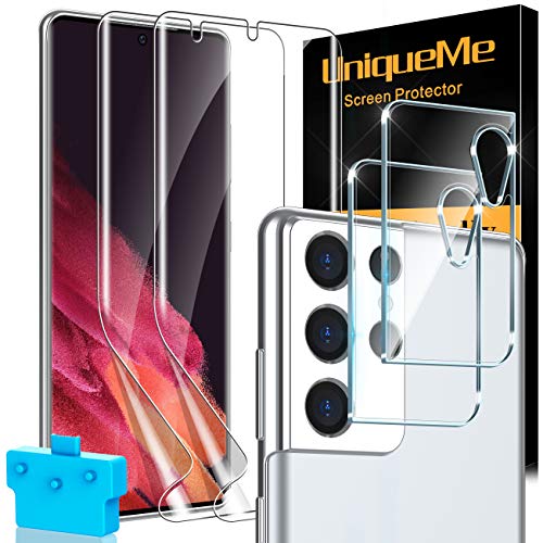 UniqueMe [4 Pack] compatible con Samsung Galaxy S21 Ultra (6.8 pulgada) [2 Pack] Protector de Pantalla y [2 Pack] Protector de Lente de cámara, [Cobertura máxima] [Sin Burbujas] TPU Film