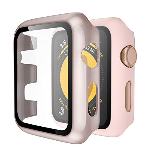 Upeak Compatible con Apple Watch Series 3 38mm Funda con Vidrio Templado, 2 Piezas Caja Protectora para Mujeres Hombres Compatible con iWatch 3, Brillante Oro Rosa/Mate Rosa
