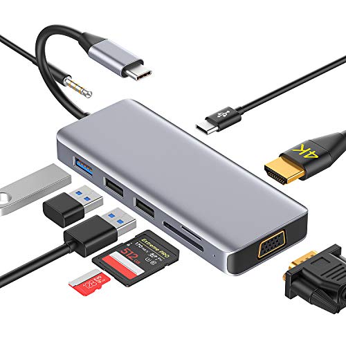 USB C Hub 9 in 1 Type C Adaptador Dual-Display with HDMI 4K,VGA,3 USB Ports,USB-C PD, Audio, Lector de Tarjetas SD/TF Dex Station Compatible with Nintendo Switch,MacBook Pro/Air 2018/2019 USB C Hub 9 in 1 Type C Adaptador Dual-Display with HDMI 4K,VGA,3 USB Ports,USB-C PD, Audio, Lector de Tarjetas SD/TF Dex Station Compatible with Nintendo Switch,MacBook Pro/Air 2018/2019