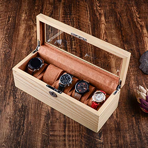 UYTTlhk Caja de almacenamiento de relojes, Caja de almacenamiento de madera de fresno nórdico de 5 ranuras, Madera maciza Acabado de vidrio transparente Caja de exhibición de joyería de reloj retro mo