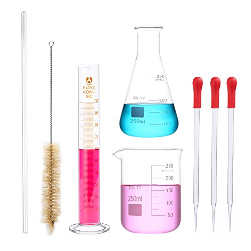 Vaso de vaso de 250 ml, 250 ml y cilindro de 100 ml, juego de mediciones de cristal pequeño con 3 cuentagotas, 1 barra de agitar de 30 cm y 1 cepillo cilíndrico, paquete de 8 con regalos disponibles Vaso de vaso de 250 ml, 250 ml y cilindro de 100 ml, juego de mediciones de cristal pequeño con 3 cuentagotas, 1 barra de agitar de 30 cm y 1 cepillo cilíndrico, paquete de 8 con regalos disponibles