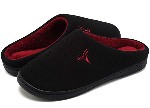 VIFUUR Hombre Zapatillas de casa Espuma de Memoria de Alta Densidad Cálido Interior Lana al Aire Libre Forro de Felpa Suela Antideslizante Zapatos Negro/Rojo 46/47