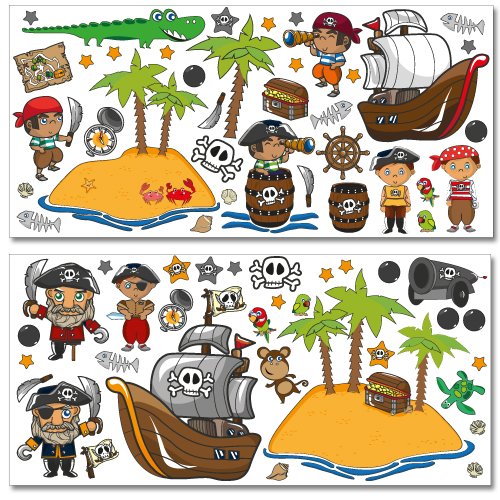 WANDKINGS Pegatinas para la Pared Piratas en Busca del Tesoro - Juego de Adhesivos en Pack Gigante de 80 Unidades en 2 Hojas de 130 x 70 cm