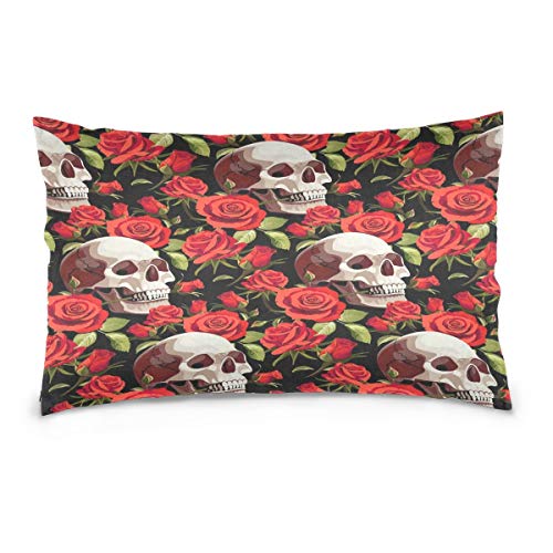 WH-CLA Pillow Cover Day of The Dead Skull Red Flower 40X60Cm Funda De Cojín Funda De Almohada Rectángulo Estampado De Dos Lados Personalizable Cremallera Oculta Throw Pillow Cover para D