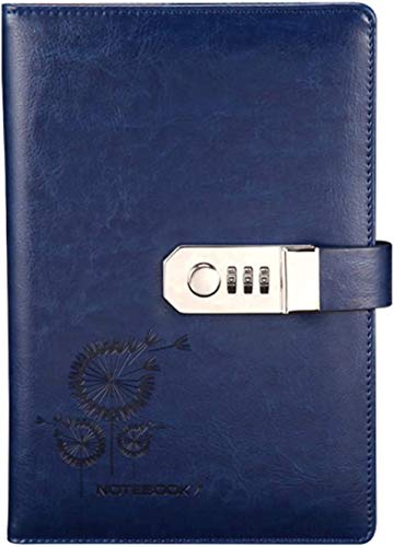 Wohlstand Cuaderno de Cuero Cuaderno para Escribir en Diario 100 Hojas Diario Planificado Organizador Vintage de Cuero PU con Cerradura de Combinación Ranuras para Tarjetas Portaplumas(212x147mm),azul