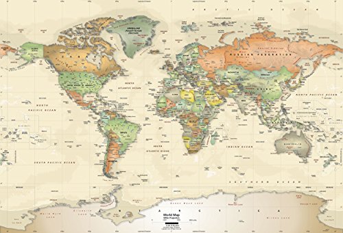 World mapa político adhesivo decorativo para pared - océanos x 91,44 cm en la parte superior del -53 pulgada