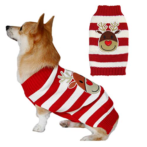 Yidata Suéter de Navidad para perro, bordado de reno, elfo, payaso, cálido, de punto, para invierno, disfraz de mascota, para Año Nuevo, Navidad, día festivo, rojo, XXL