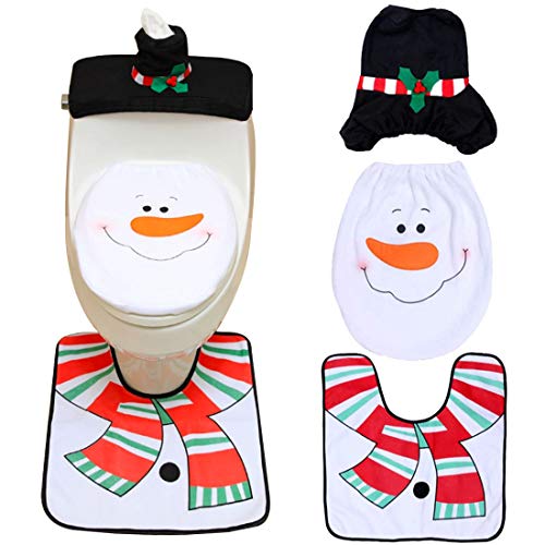 ZSWQ 3pcs Navidad Fundas para Asientos de Inodoro Santa Toilet Seat Cover Set Alfombra y Tejido Caja Conjunto Regalo para Asiento de Inodoro y Alfombra para decoración de Navidad(muñeco de Nieve)