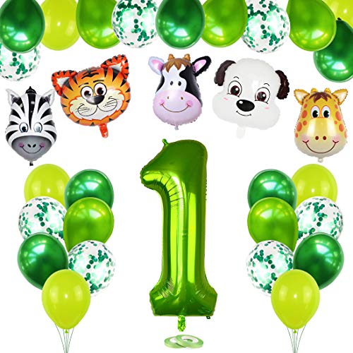 1 Año Selva Fiesta de Cumpleaños Decoracion, 1er Primer Cumpleaños Decoración Set con Foil Globo Número 1 Verde y Bosque Animal Globos para Niño Niña Cumpleaños Baby Shower